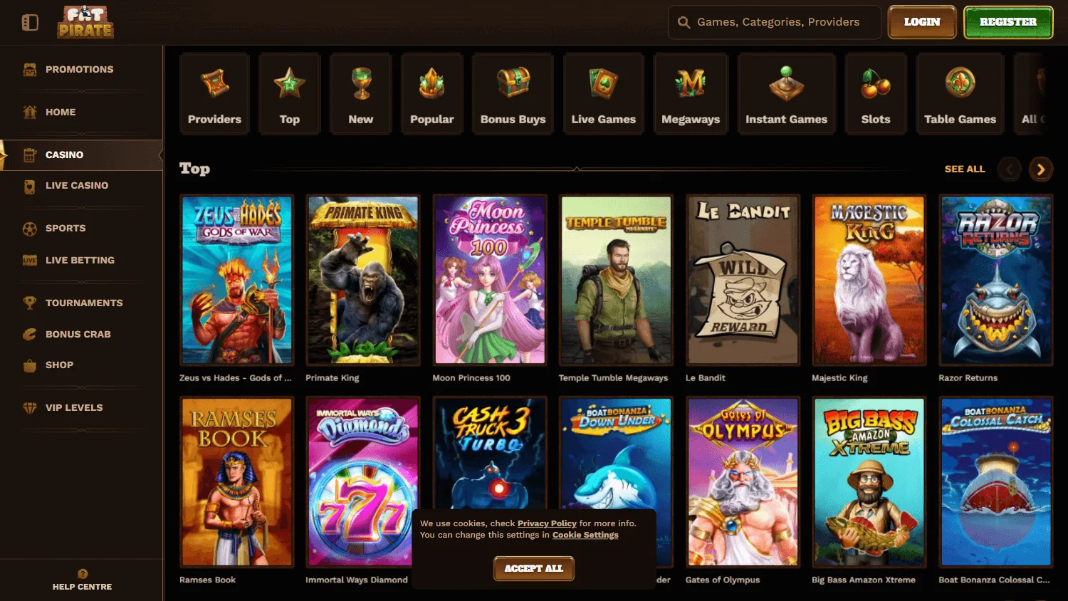 Fat Pirate Casino desktop game selection