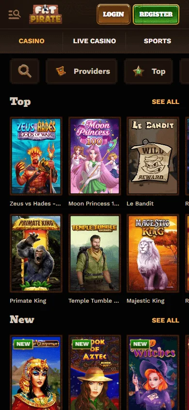 Fat Pirate Casino mobile game selection